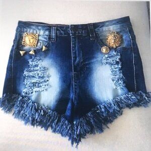 Ripped, shredded blue denim shorts with fringes 2 toned Small